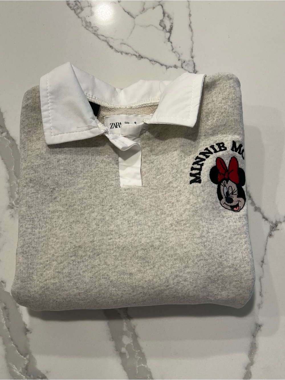 ZARA Toddler Grey Sweatshirt Dress with White Collar and Minnie Mouse Embroidery - Picture 7 of 7